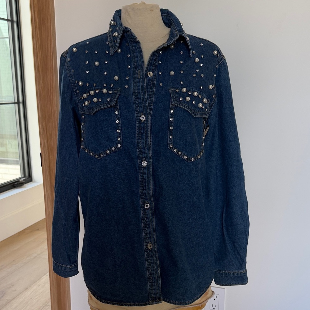 Beautiful Studded with pearls & rhinestones Denim Shirt